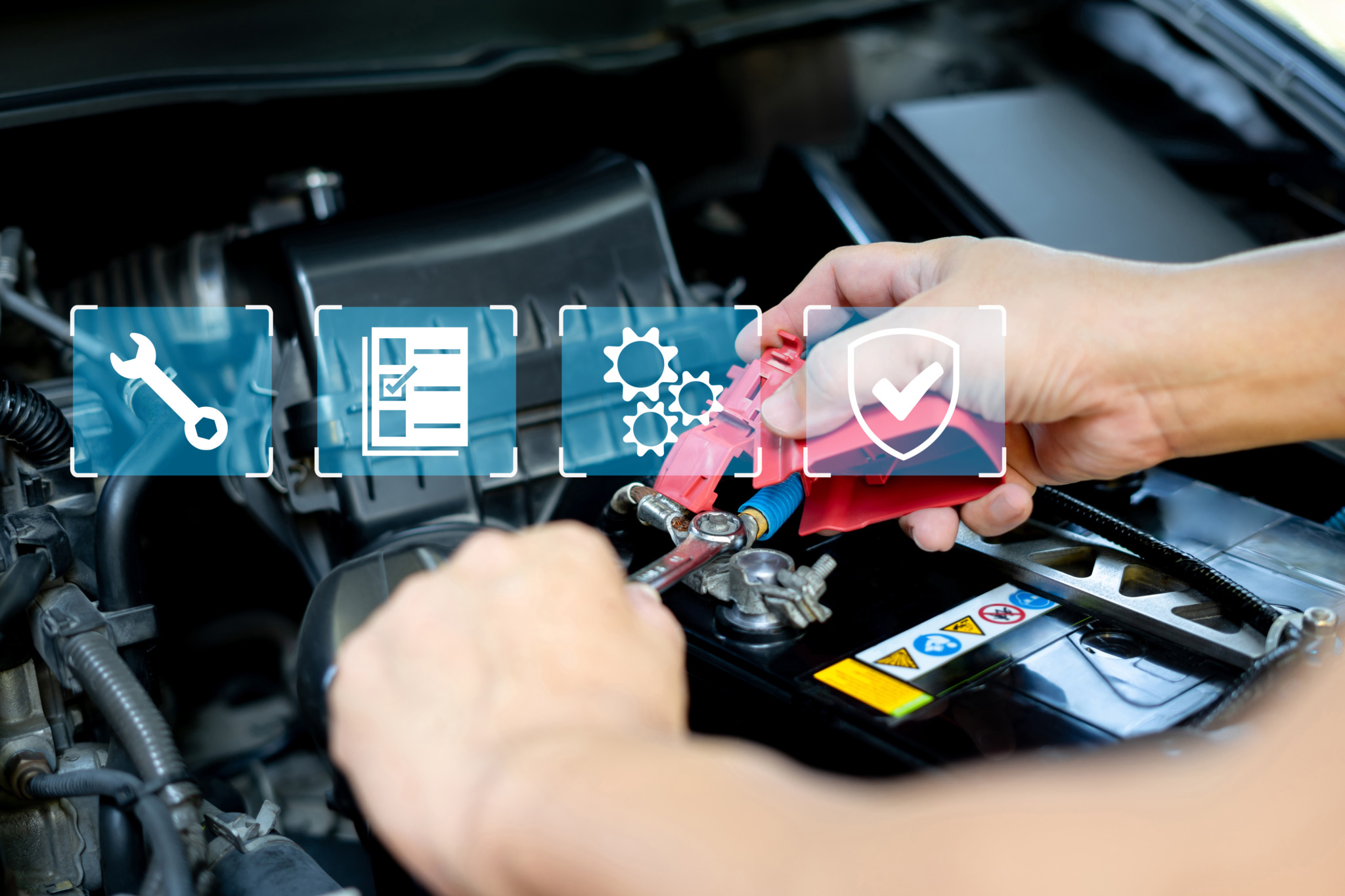 Car service and technology icon on virtual screens concept, Technician using a wrench service car in engine room and car service, warranty, mainternance ,checklist